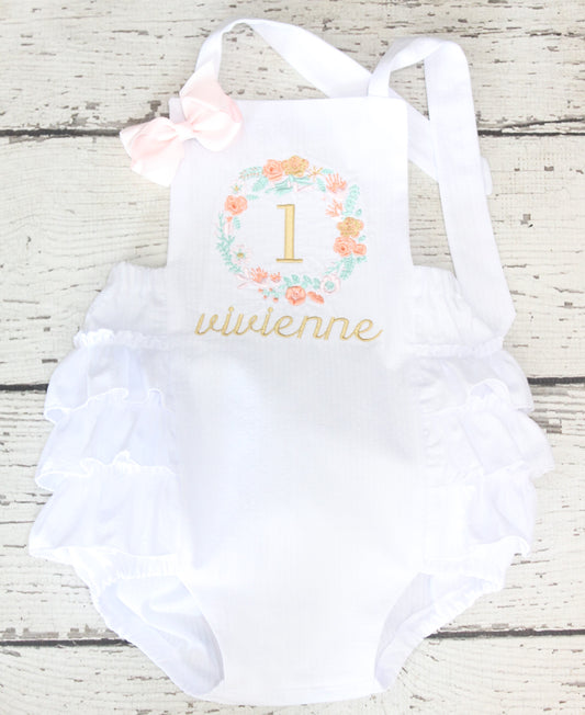 Monogrammed Floral Birthday Ruffle Bubble, First Birthday Pink, Coral and Gold Floral Outfit