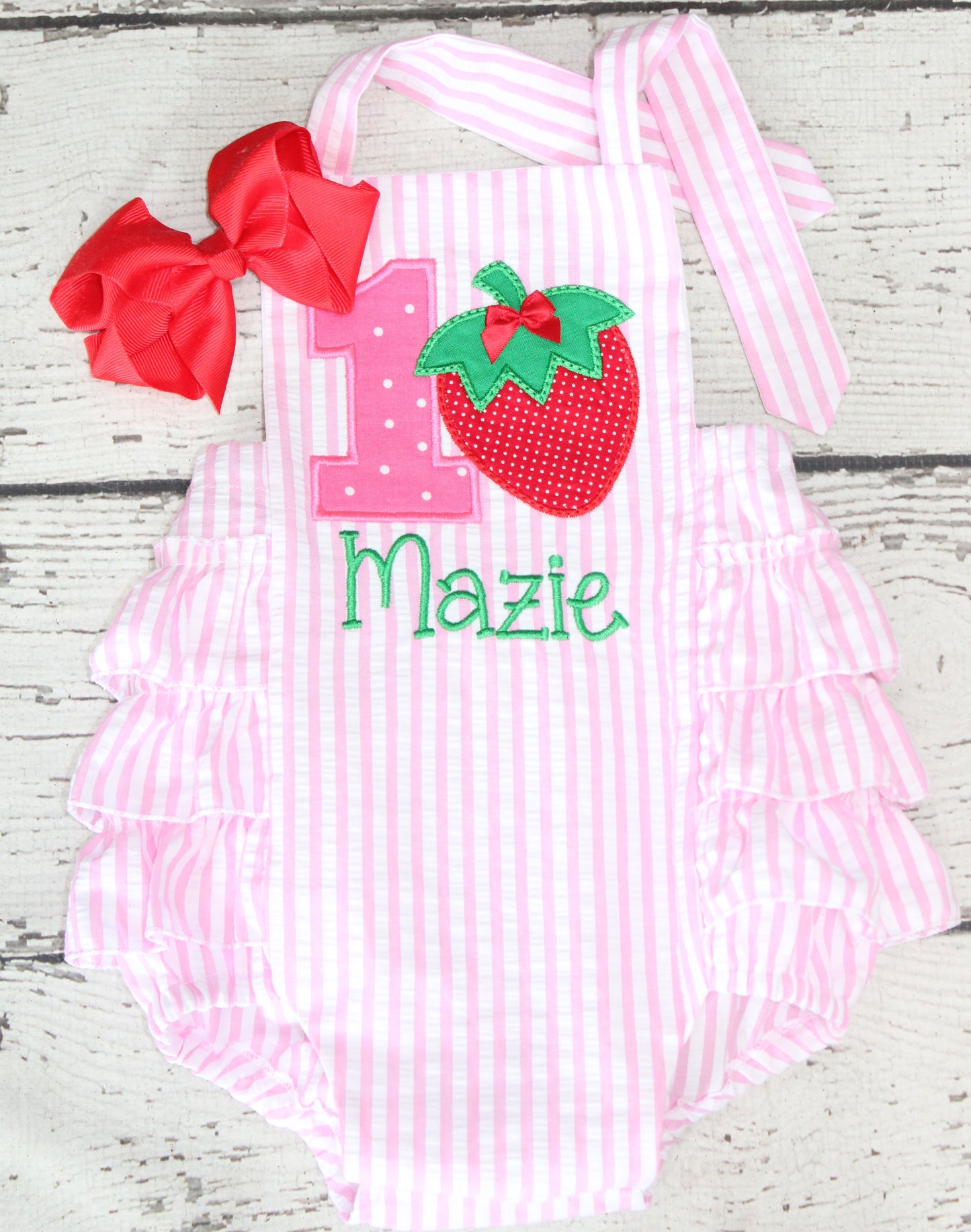 Monogrammed Pink Strawberry Birthday Ruffle Bubble, First Birthday Berry Outfit