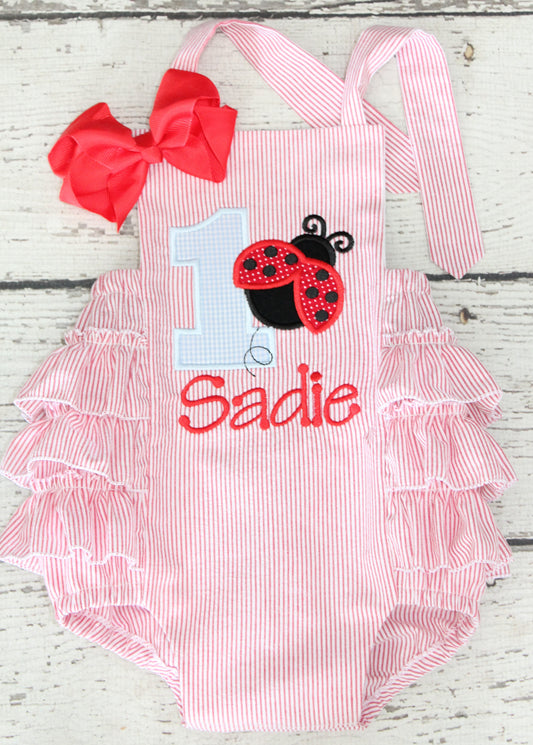 Monogrammed Lady Bug First Birthday Bubble, First Birthday Ladybug Outfit, Red Seersucker Ruffle Bubble