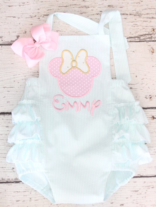 Monogrammed Minnie Birthday Ruffle Bubble, Pink and Mint Minnie Seersucker Outfit