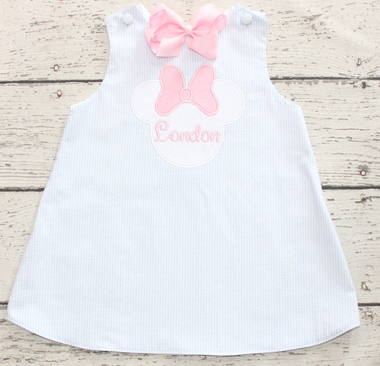 Monogrammed Pastel Minnie Seersucker Dress, Blue Seersucker Minnie Dress