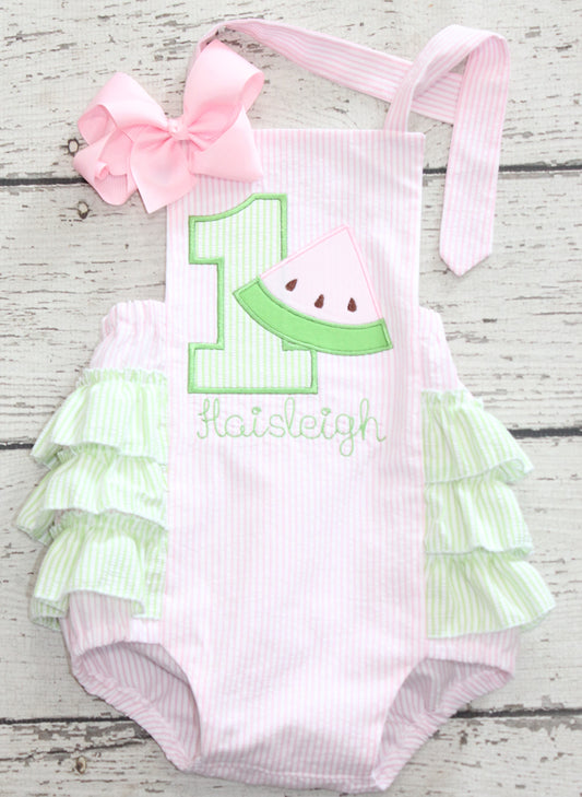 Monogrammed Watermelon Birthday Bubble, Pink and Green Watermelon First Birthday Outfit