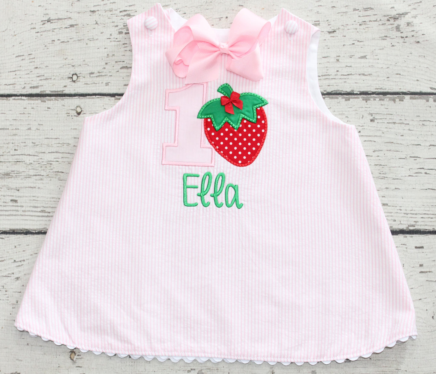 Monogrammed Strawberry First Birthday Dress, Pink and Red Berry Birthday Dress