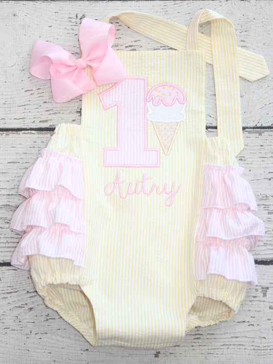 Monogrammed Ice Cream Ruffle Bubble, Pink and Yellow Ice Cream Birthday Romper