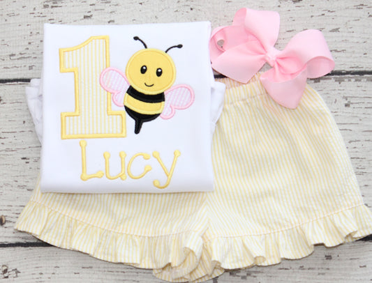 Monogrammed Bee Birthday Set, Pink and Yellow Seersucker Bumble Bee outfit