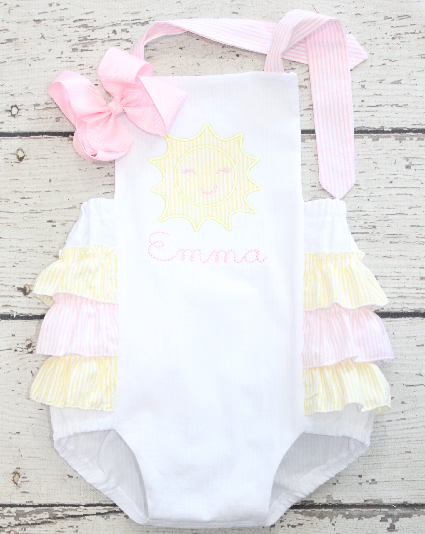 You are My Sunshine Monogrammed Ruffle Birthday Bubble, Pastel Sun First Birthday Outfit