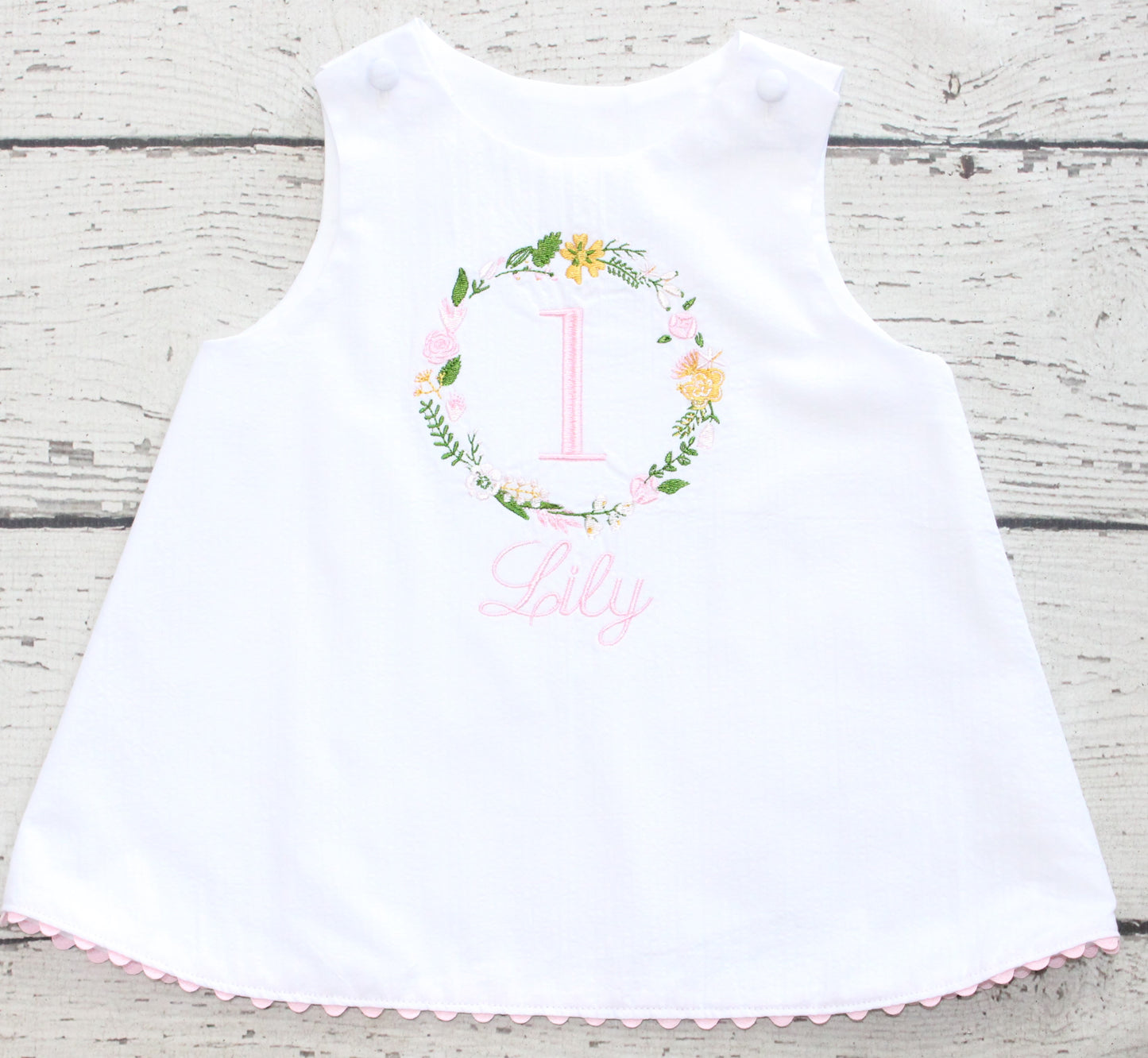 Monogrammed Floral First Birthday Dress, Pink, Green, White Floral Birthday Dress