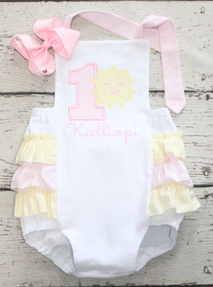 You are My Sunshine Monogrammed Ruffle Birthday Bubble, Pastel Sun First Birthday Outfit