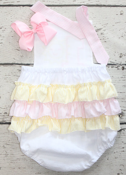 You are My Sunshine Monogrammed Ruffle Birthday Bubble, Pastel Sun First Birthday Outfit