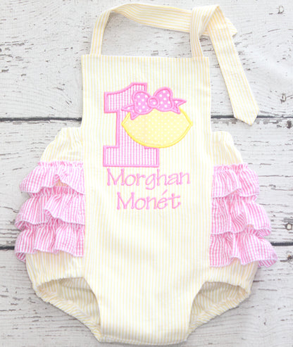 Monogrammed Lemon First Birthday Bubble, Hot Pink Lemonade Ruffle Bubble