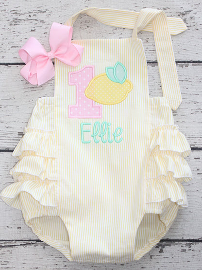 Monogrammed Lemon First Birthday Bubble, Pink Lemonade Ruffle Bubble