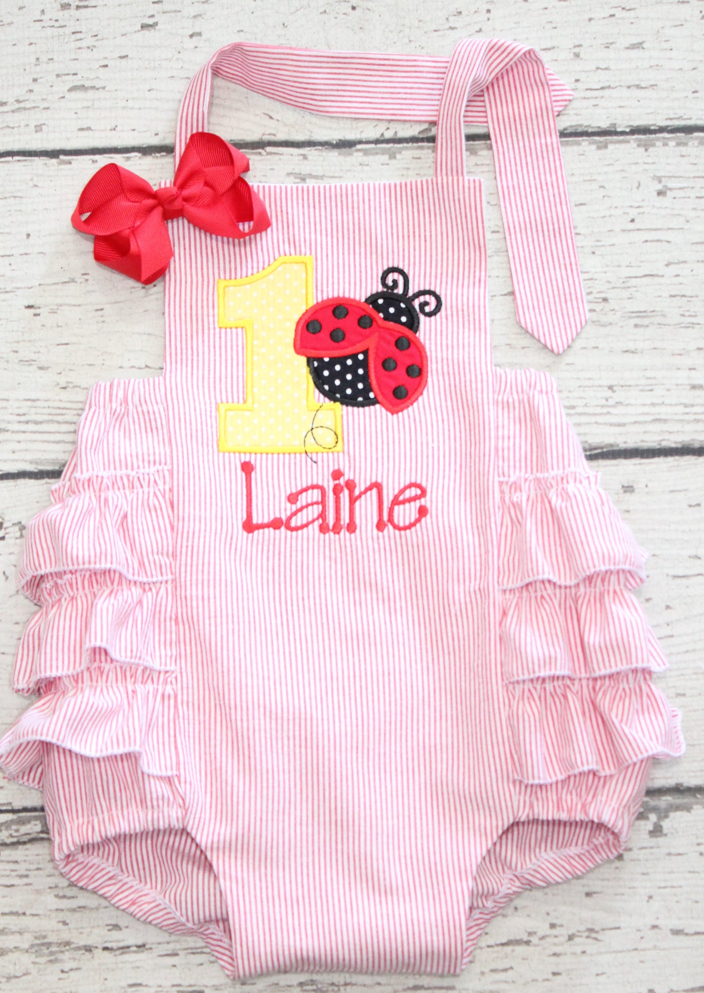 Monogrammed Lady Bug First Birthday Bubble, First Birthday Ladybug Outfit, Red Seersucker Ruffle Bubble