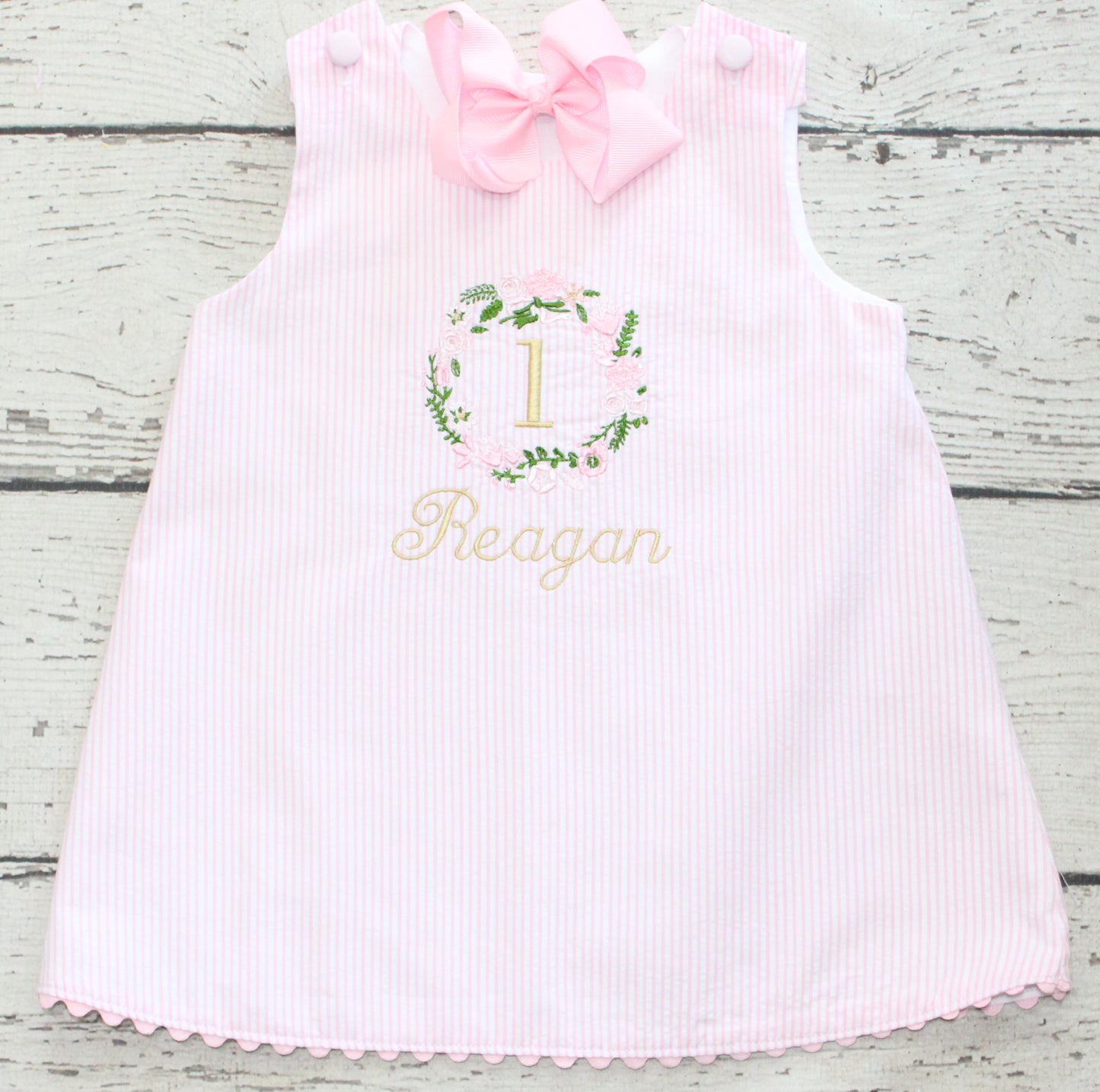 Monogrammed Floral First Birthday Dress, Pink and White Floral Birthday Dress