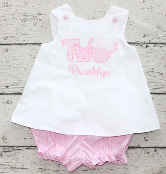 Monogrammed TWO Minnie Bloomer Set, Pink and White Bloomer Birthday Outfit