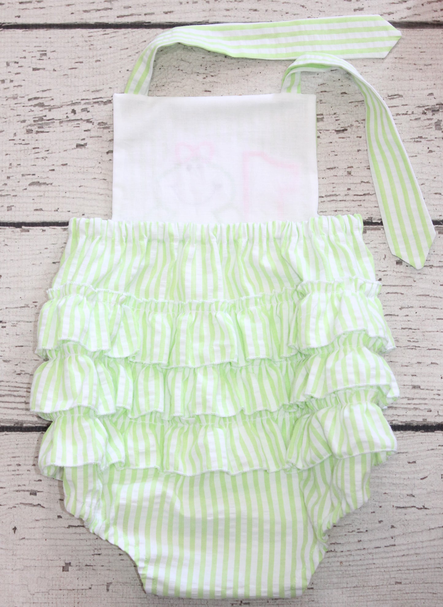 Monogrammed Frog Birthday Ruffle Bubble, First Birthday Green Seersucker Outfit