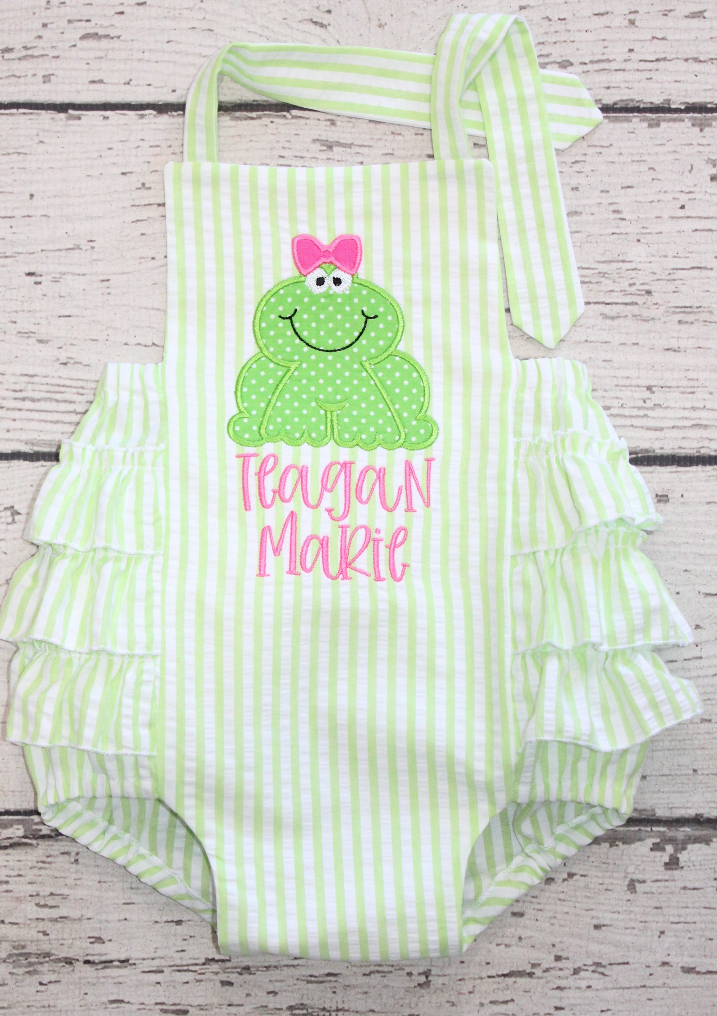 Monogrammed Frog Birthday Ruffle Bubble, First Birthday Green Seersucker Outfit