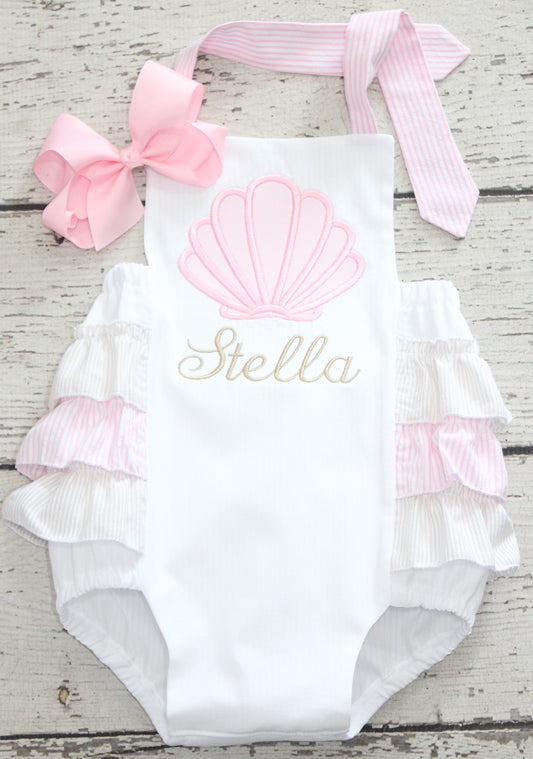 Monogrammed Seashell First Birthday Bubble, First Birthday pink and tan Shell Ruffle Bubble