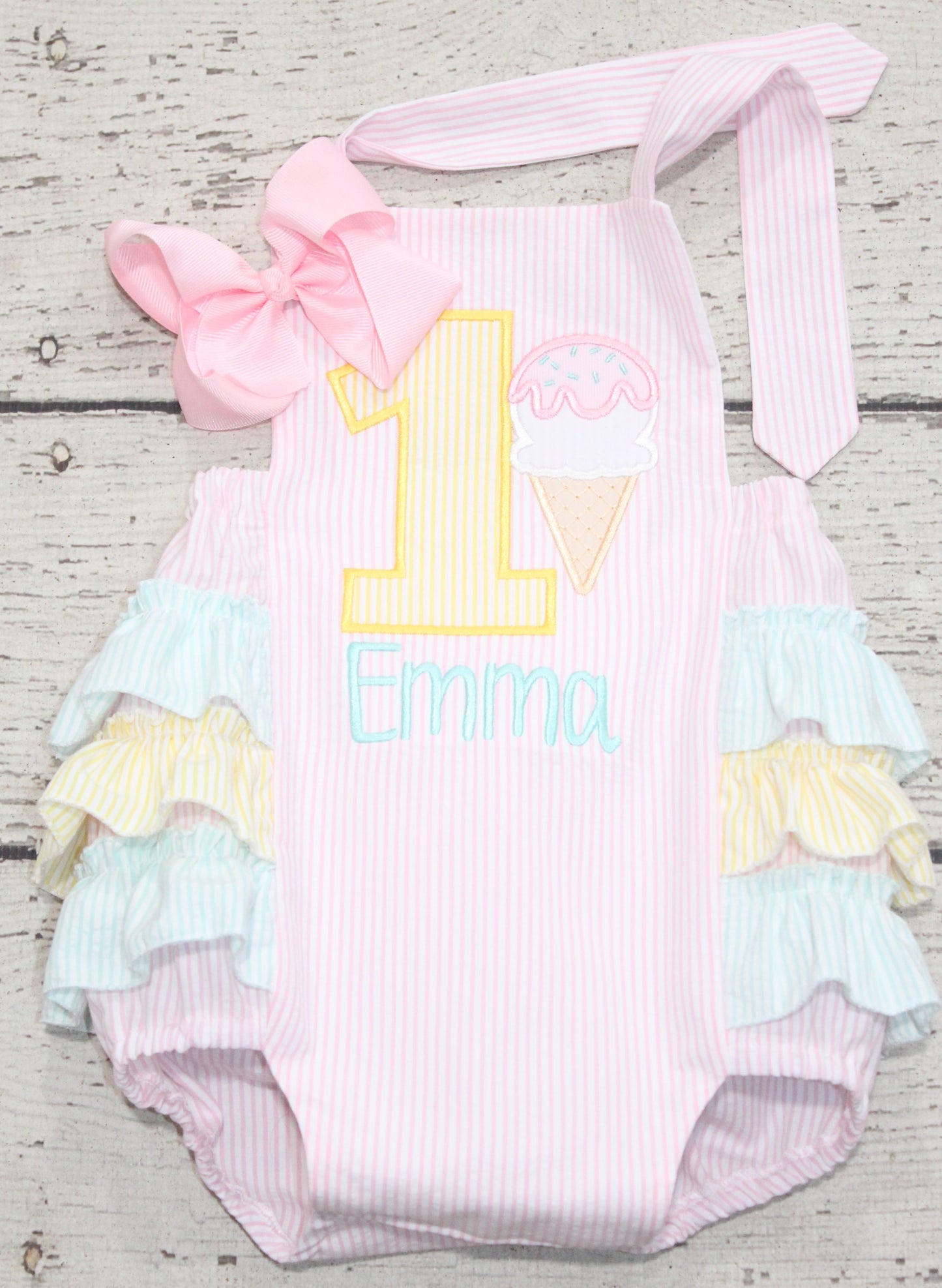 Monogrammed Ice Cream Ruffle Bubble, Pink and Mint Ice Cream Birthday Outfit