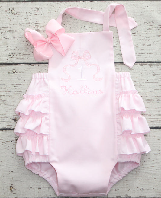 Monogrammed Bow Pink Ruffle Birthday Bubble, First Birthday Coquette Pink Bubble