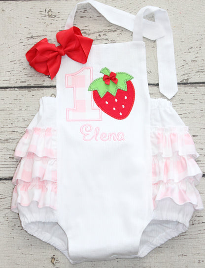 Monogrammed Strawberry Birthday Ruffle Bubble, First Birthday Berry Outfit