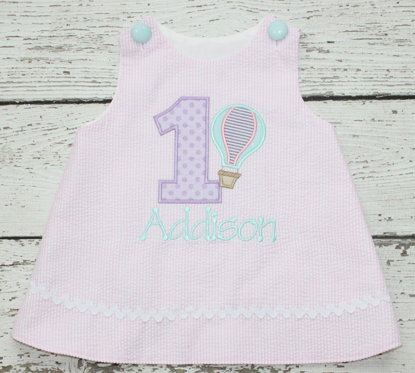 Monogrammed First Birthday Hot Air Balloon Dress, Pink, Purple, and Mint Birthday Dress