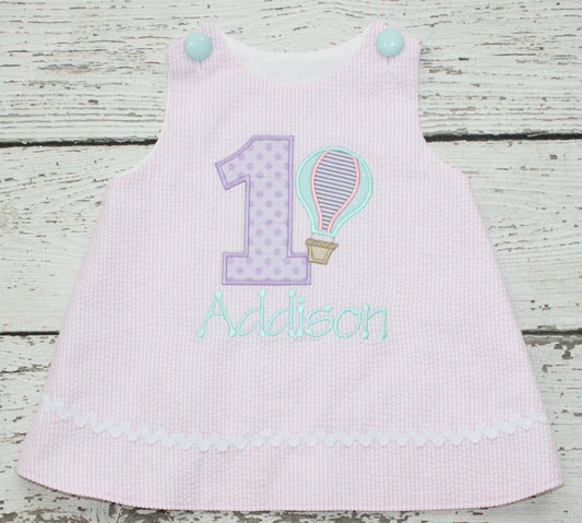 Monogrammed First Birthday Hot Air Balloon Dress, Pink, Purple, and Mint Birthday Dress